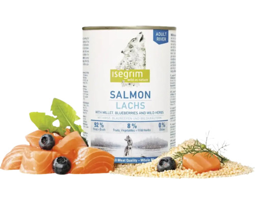 Hrană umedă pentru câini ISEGRIM Adult cu somon fără cereale, gluten, lactoză și zahăr 400 g Hrană umedă pentru câini ISEGRIM Adult cu somon fără cereale, gluten, lactoză și zahăr 400 g