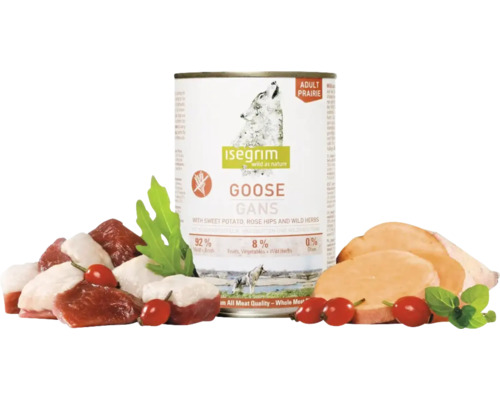 Hrană umedă pentru câini ISEGRIM Adult cu gâscă fără cereale, gluten, lactoză și zahăr 400 g