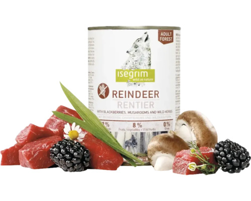 Hrană umedă pentru câini ISEGRIM Adult cu ren fără cereale, gluten, lactoză și zahăr 400 g Hrană umedă pentru câini ISEGRIM Adult cu ren fără cereale, gluten, lactoză și zahăr 400 g