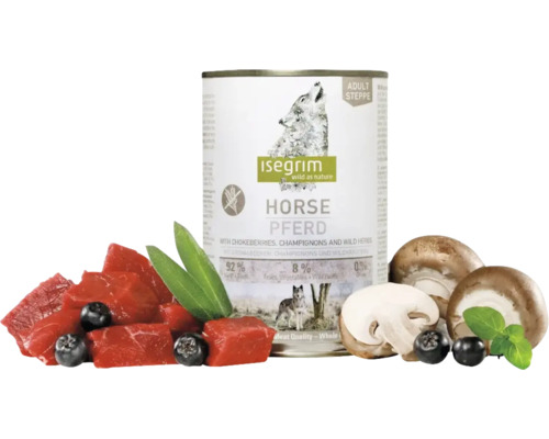 Hrană umedă pentru câini ISEGRIM Adult cu carne de cal fără cereale, gluten, lactoză și zahăr 400 g