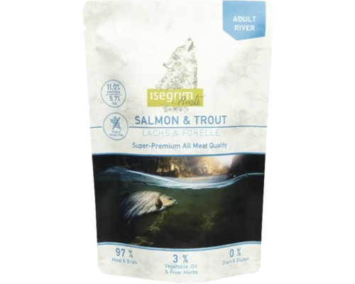 Hrană umedă pentru câini ISEGRIM Adult River cu somon și păstrăv fără gluten, lactoză și zahăr 410 g Hrană umedă pentru câini ISEGRIM Adult River cu somon și păstrăv fără gluten, lactoză și zahăr 410 g