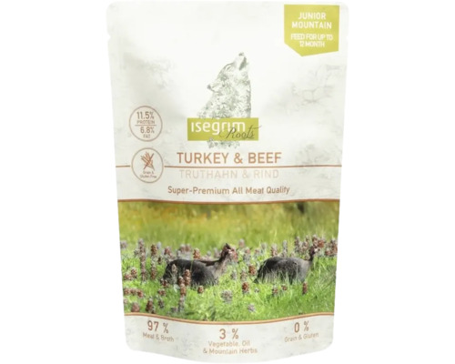 Hrană umedă pentru câini ISEGRIM Junior cu curcan și vită fără gluten, lactoză și zahăr 410 g Hrană umedă pentru câini ISEGRIM Junior cu curcan și vită fără gluten, lactoză și zahăr 410 g
