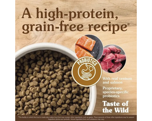 Mâncare pentru câini Taste of the Wild cu căprioară și somon adevărat, plus probiotice într-un castron