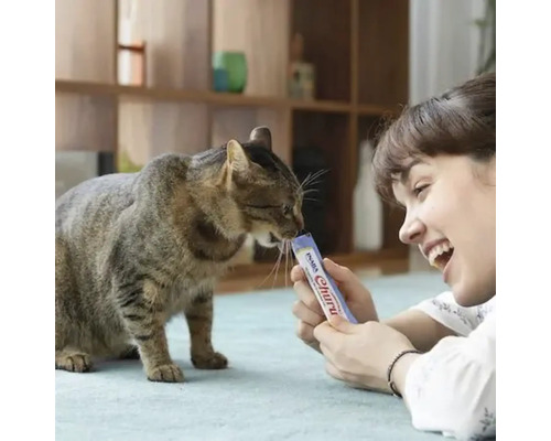 Femeie hrănind o pisică cu o gustare pentru pisici de la Inaba Churu