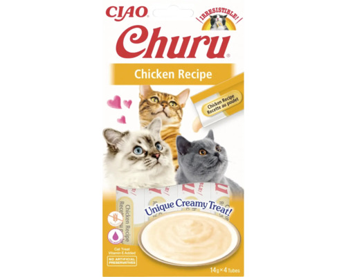 Recompensă pentru pisici cremoasă CIAO Churu cu pui fără cereale, gluten, lactoză și zahăr 4x14 g