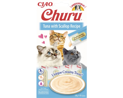 Recompensă pentru pisici cremoasă CIAO Churu cu ton și scoici fără cereale, gluten, lactoză și zahăr 4x14 g