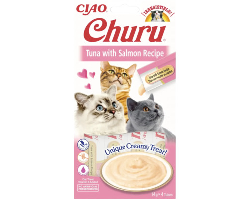 Recompensă pentru pisici cremoasă CIAO Churu cu ton și somon fără cereale, gluten, lactoză și zahăr 4x14 g