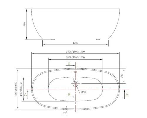 Desen tehnic al unei căzi de baie independente cu dimensiuni