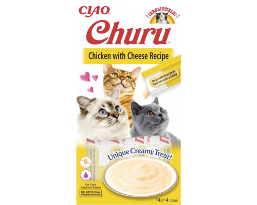 Recompensă pentru pisici cremoasă CIAO Churu cu pui și brânză fără cereale, gluten, lactoză și zahăr 4x14 g