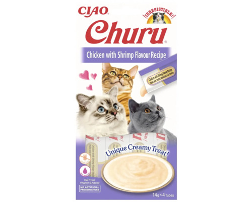Recompensă pentru pisici cremoasă CIAO Churu cu pui și creveți fără cereale, gluten, lactoză și zahăr 4x14 g
