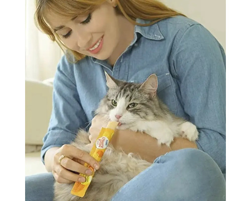 Femeie hrănind pisica cu o gustare pentru pisici dintr-un tub