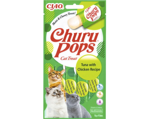Recompensă pentru pisici CIAO Churu Pops cu ton și pui fără cereale, gluten, lactoză și zahăr 4x15 g