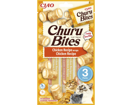 Recompensă pentru pisici INABA Churu Bites cu pui fără cereale, gluten, lactoză și zahăr 3x10 g