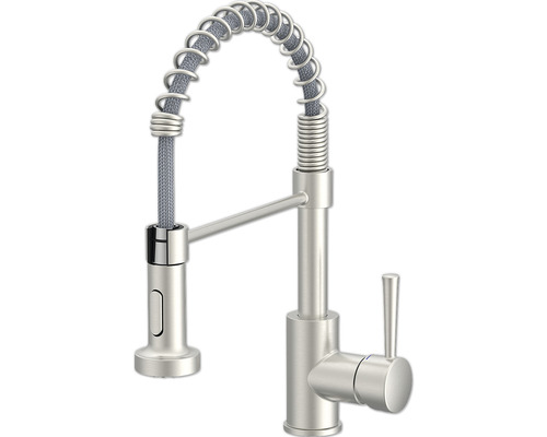 Baterie bucătărie cu duș pentru vase Tiber finisaj inox periat mat 147207 Baterie de bucătărie cu gât flexibil