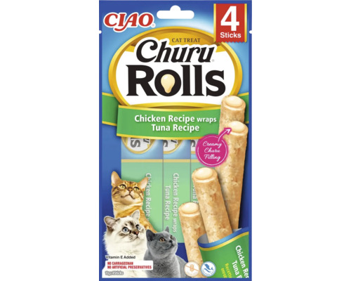 Recompensă pentru pisici CIAO Churu Rolls cu pui și ton fără cereale, gluten, lactoză și zahăr 4x10 g