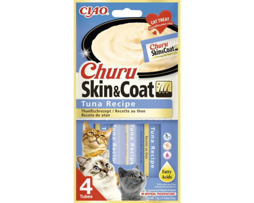 Recompensă pentru pisici CIAO Churu Skin&Coat cu ton fără cereale, gluten, lactoză și zahăr 4x14 g