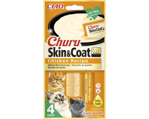Recompensă pentru pisici CIAO Churu Skin&Coat cu pui fără cereale, gluten, lactoză și zahăr 4x14 g