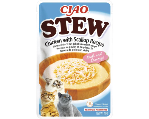 Hrană umedă pentru pisici CIAO Stew cu pui și scoici fără cereale, gluten, lactoză și zahăr 40 g