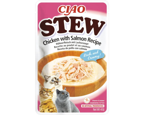 Hrană umedă pentru pisici CIAO Stew cu pui și somon fără cereale, gluten, lactoză și zahăr 40 g