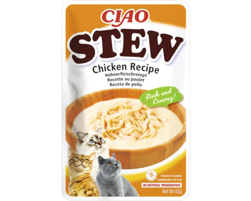 Hrană umedă pentru pisici CIAO Stew cu pui fără cereale, gluten, lactoză și zahăr 40 g