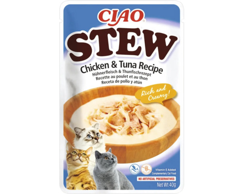 Hrană umedă pentru pisici CIAO Stew cu pui și ton fără cereale, gluten, lactoză și zahăr 40 g