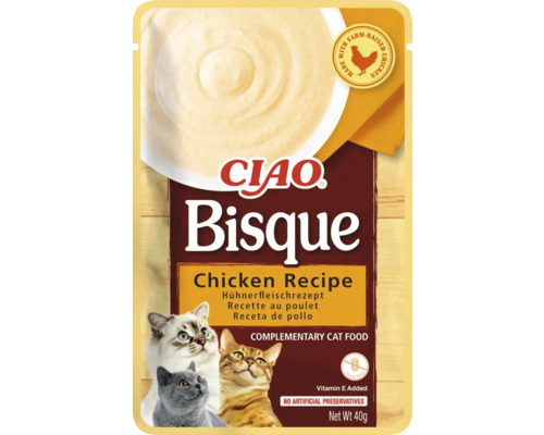 Hrană umedă pentru pisici CIAO Bisque cu pui fără cereale, gluten, lactoză și zahăr 40 g