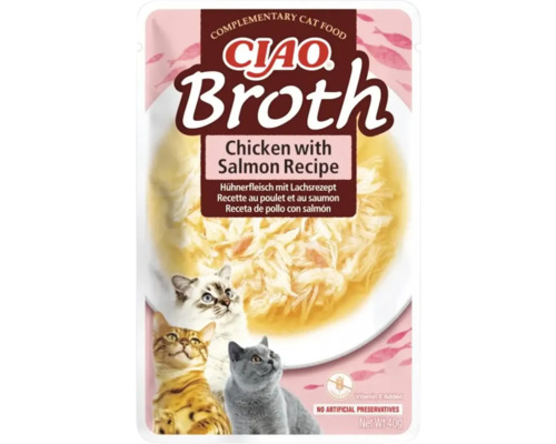 Hrană umedă pentru pisici CIAO Broth cu pui și somon fără cereale, gluten, lactoză și zahăr 40 g