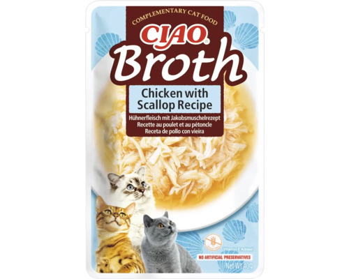 Hrană umedă pentru pisici CIAO Broth cu pui și scoici fără fără cereale, gluten, lactoză și zahăr 40 g