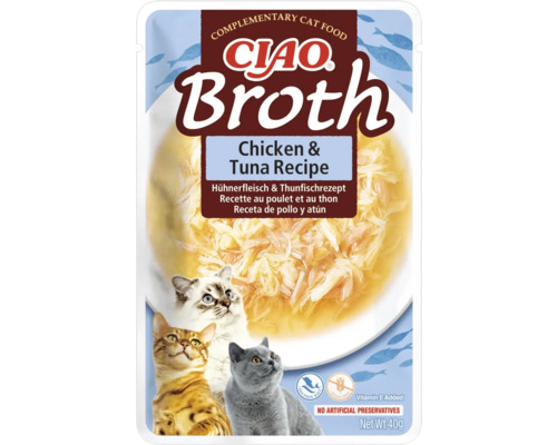Hrană umedă pentru pisici CIAO Broth cu pui și ton fără cereale, gluten, lactoză și zahăr 40 g