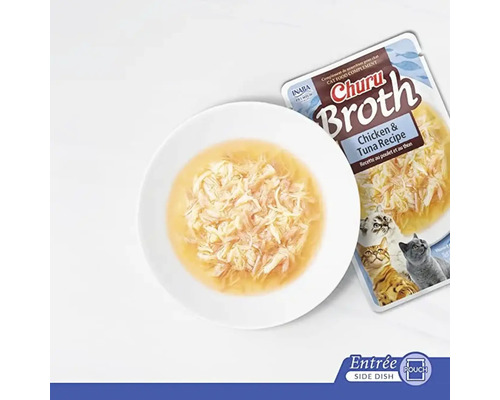 Inaba Churu Broth hrană pentru pisici rețetă cu pui și ton în bol și ambalaj