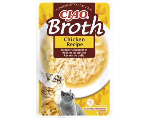 Hrană umedă pentru pisici CIAO Broth cu pui fără cereale, gluten, lactoză și zahăr 40 g