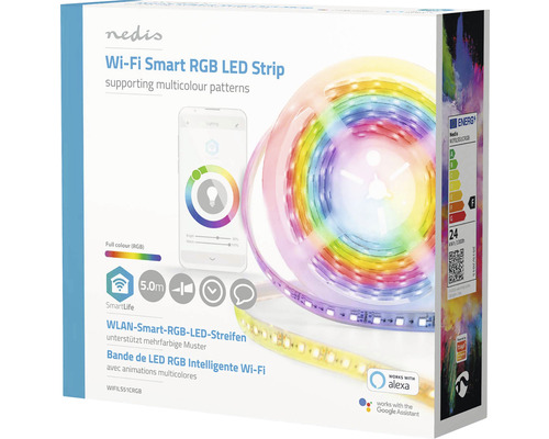 Ambalajul unei benzi LED RGB inteligente Nedis Wi-Fi care acceptă modele multicolore