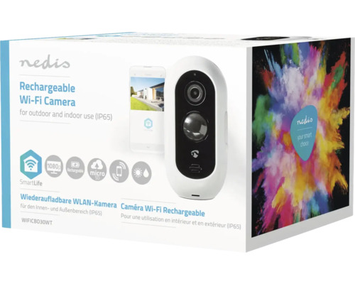 Ambalajul unei camere Wi-Fi reîncărcabile Nedis pentru utilizare în interior și exterior