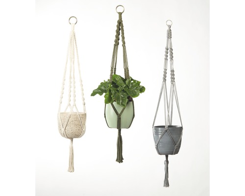 Trei suporturi suspendate pentru plante, din macrameu, cu recipiente pentru plante