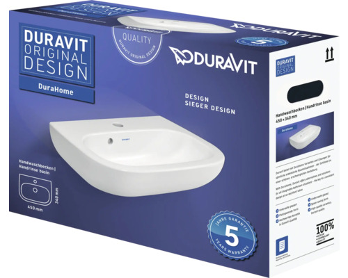 Ambalajul unei chiuvete Duravit DuraHome de 450 x 340 mm cu o garanție de cinci ani