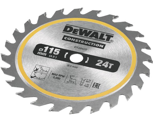 Disc circular DeWalt Construction cu diametrul de 115 milimetri și 24 de dinți