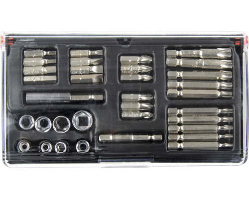 Set de biți cu diverși biți de șurubelniță și adaptoare pentru chei tubulare într-o cutie de depozitare
