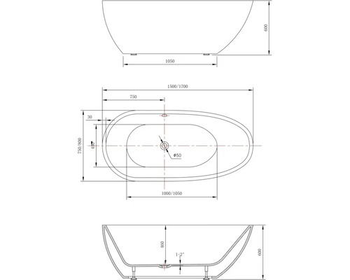 Desen tehnic al unei căzi de baie independente cu dimensiuni