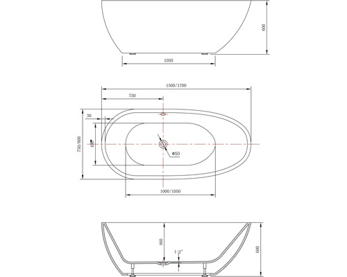 Desen tehnic al unei căzi de baie independente cu dimensiuni