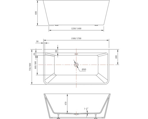 Desen tehnic al unei căzi de baie independente cu dimensiuni