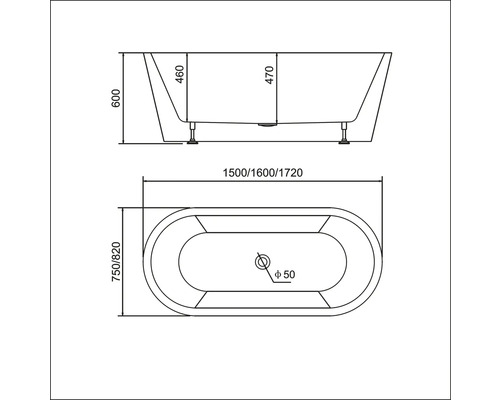 Desen tehnic al unei căzi de baie independente cu dimensiuni
