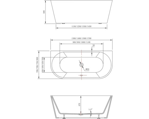 Desen tehnic al unei căzi cu dimensiuni