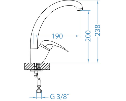 Desen tehnic al unei baterii de bucătărie cu dimensiuni.