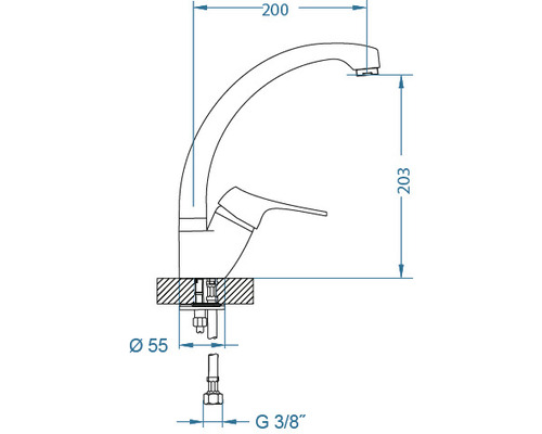 Desen tehnic al unui robinet cu dimensiuni.