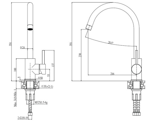 Desen tehnic al unei baterii de bucătărie cu dimensiuni