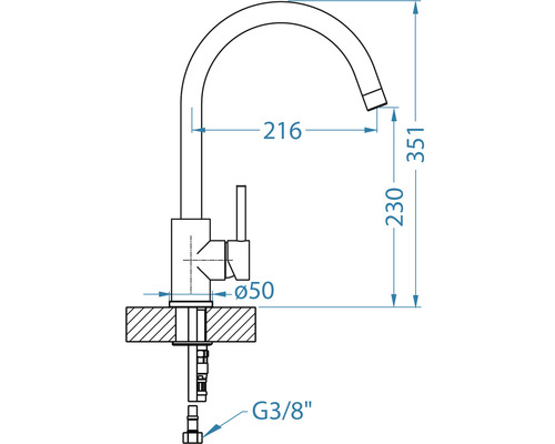 Desen tehnic al unei baterii de bucătărie cu dimensiuni