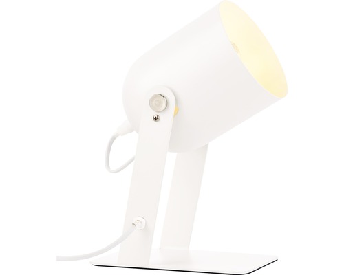 Lampă de masă albă cu abajur reglabil.
