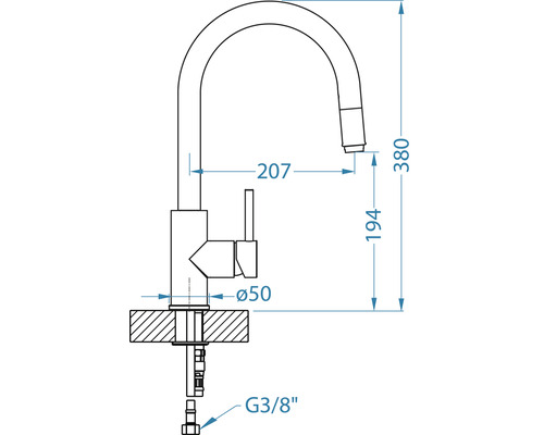 Desen tehnic al unei baterii de bucătărie cu dimensiuni