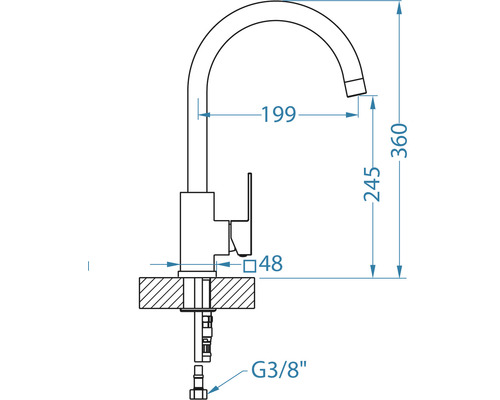 Desen tehnic al unei baterii de bucătărie cu dimensiuni.