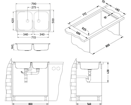 Desen tehnic cu chiuvetă dublă și dimensiuni